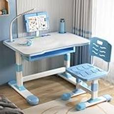 Kids Study Desk Chair Set, Height Adjustable Toddlers Writing Table with Tiltable Desktop and Large Drawer, Kids School Desk Children Learning Table, for Writing Reading,Blue,70cm