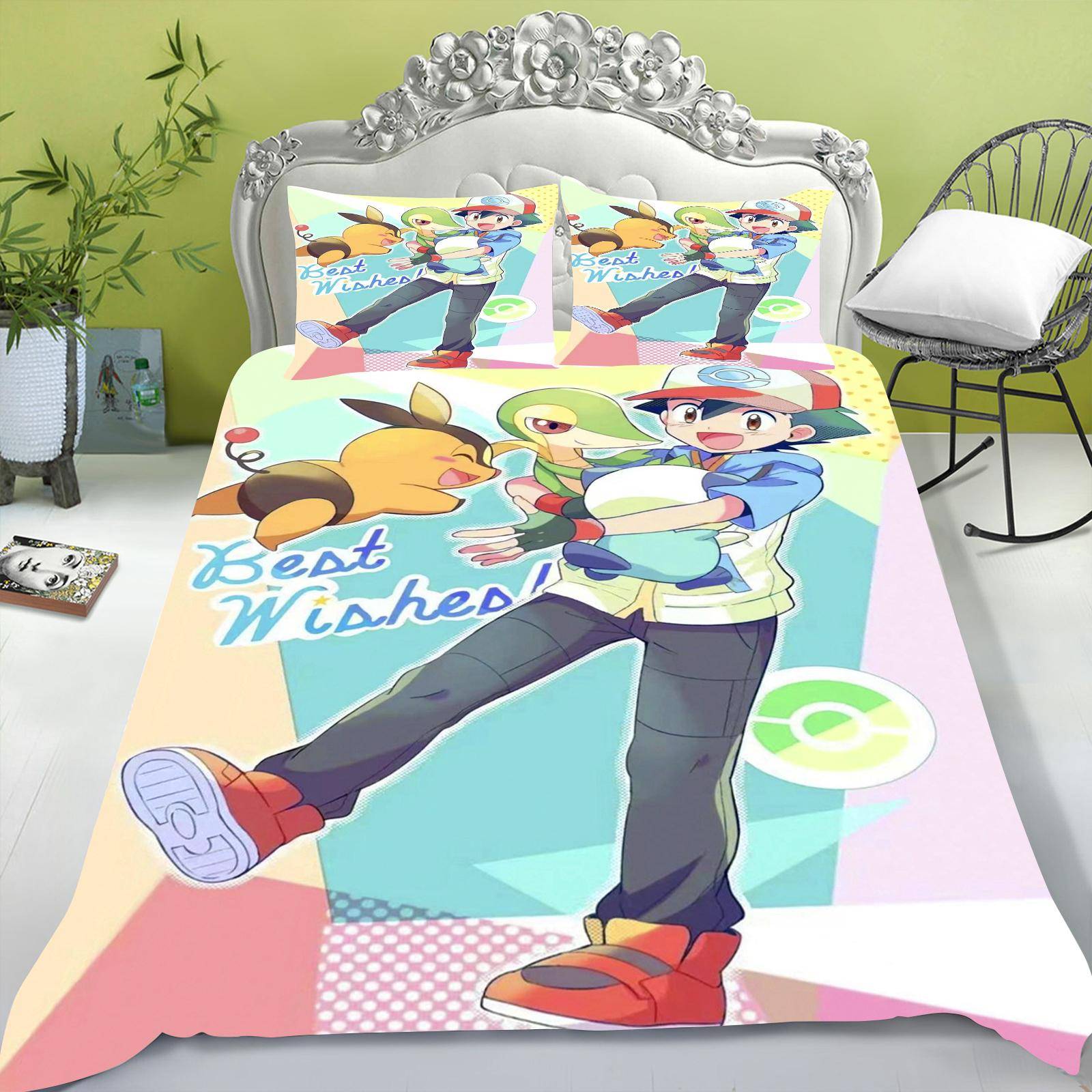 Tecknad påslakan set för barn, Pikachu Anime täcke, King Size täcke, Queen, Grad A, 3D sovrumslakan 173x218cm
