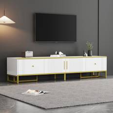HAINEW Modernt TV-skåp, TV-bänk med 2 dörrar och 2 lådor för 80-tums TV, vitt, 180 cm långt TV-bord, TV-hylla, TV-hylla med gyllene metallfötter, 200 x 40 x 49 cm