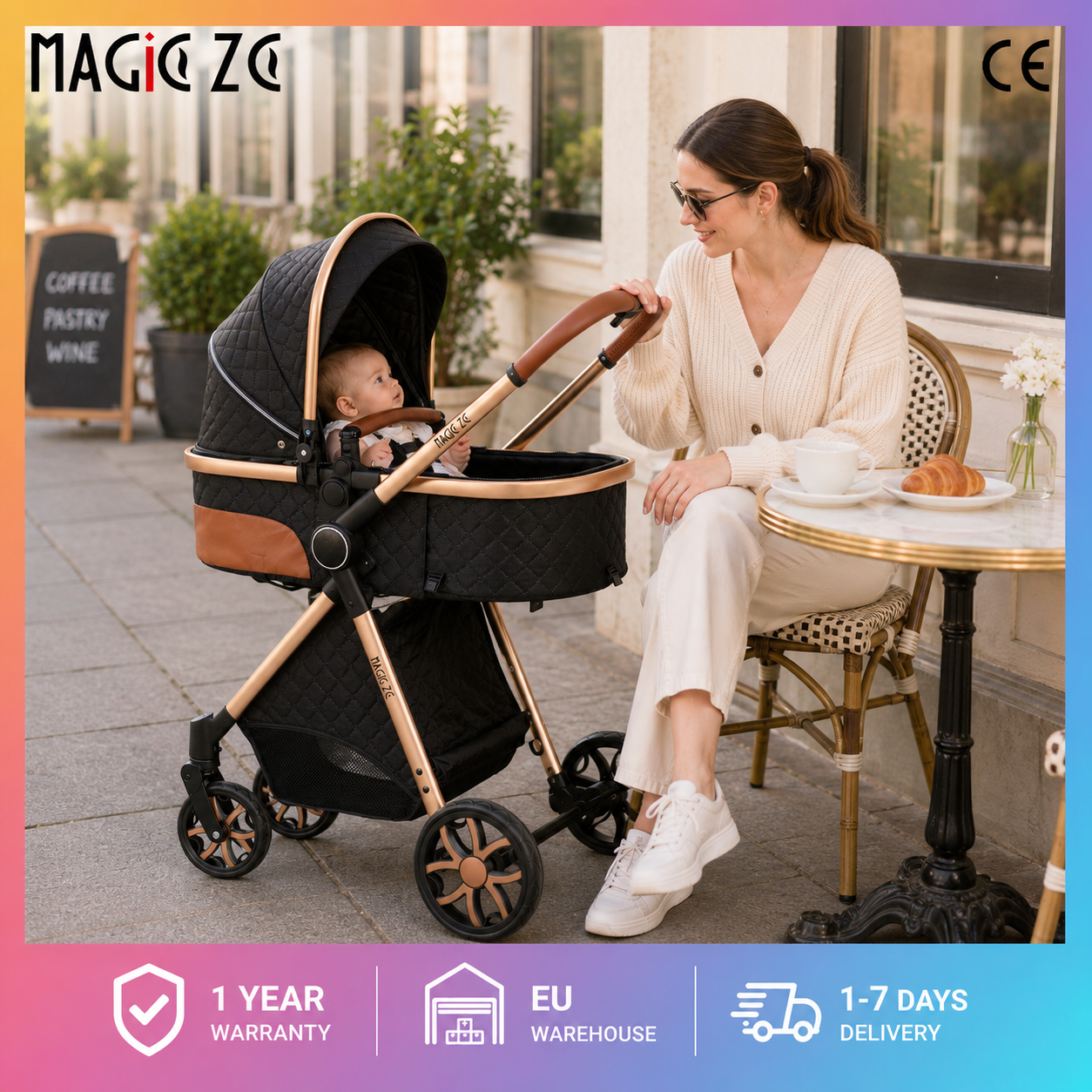 Luxury 3 in 1 Baby Stroller Set with 6 Free Gifts Mommy Bag Rain Cover Footrest Seat Cushion Portable Car Seat Reversible Sleeping Basket High Landscape Folding Newborn Infant Pushchair Shockproof
