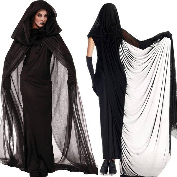 Kvinnor Halloween Häxa Demon Vampyr Uniform Set Svart Lång Klänning Hooded Cape Coat med Handskar Fest Cosplay Kostym cm black