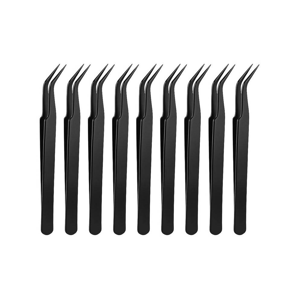 9-Piece Precision Tweezers Set, Stainless Steel, Curved Tips for Jewelry, Eyelash Extensions