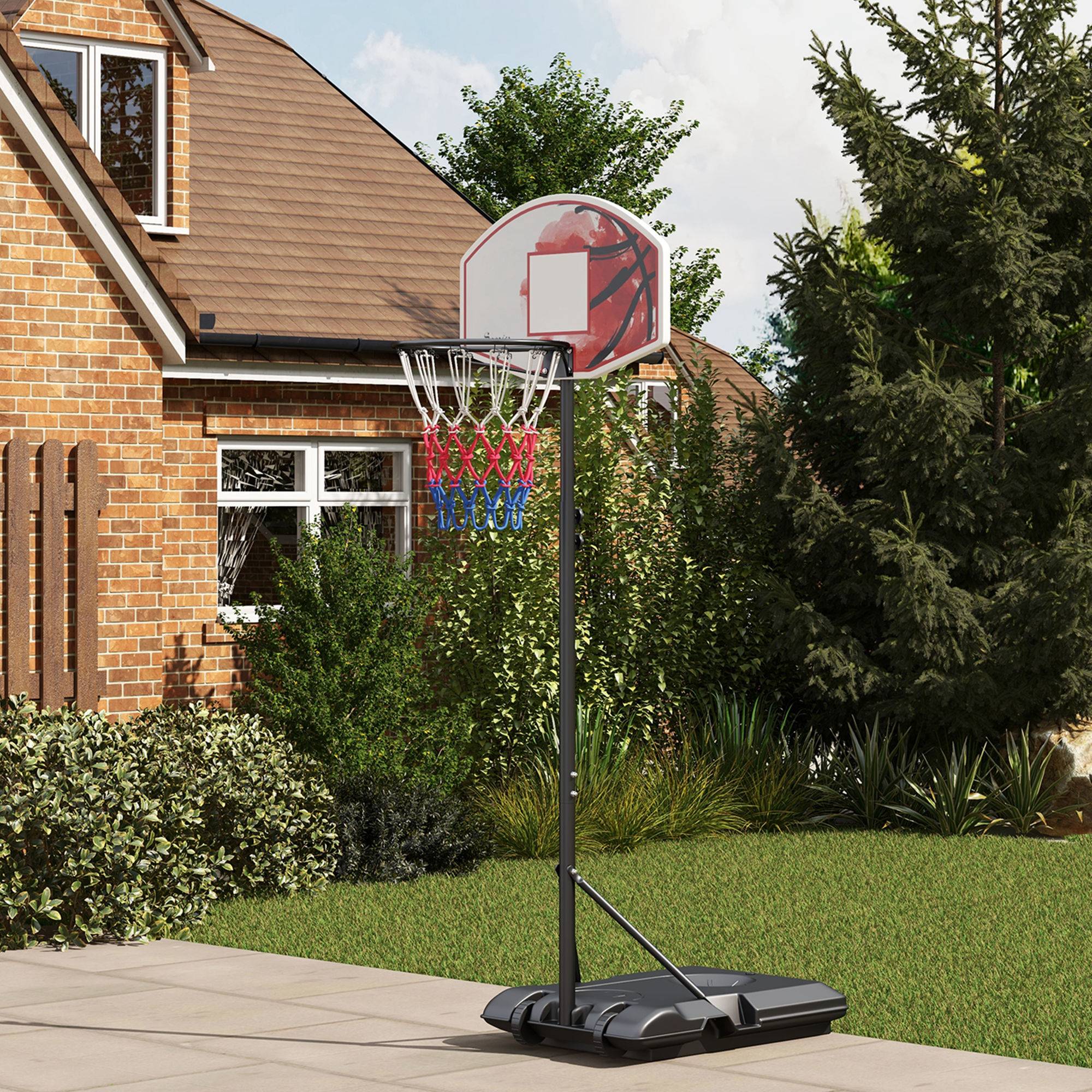 Højdejusterbar basketballkurv, fritstående, med net og hjul, stor base, 179-209 cm, plast, stål.