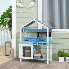 Mud Kitchen Børne Udendørs Have Legekøkken Lavet af Træ med Komfur, Vask, Vandhane, Opbevaringshylder, Køkkengrej, Tilbehør, Legekøkken til Børn 3-7 År Blå