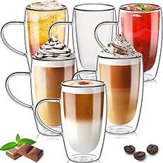 TKNO Set of 6 450ml Double-Walled Tall Coffee Glasses Mugs Cups with Handles, for Coffee Tea Latte Juice Ice Cream Borosilicate Heat-Resistant Large Glass Cups, Microwave Safe, Ideal Warm