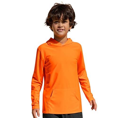 TIZAX Barn UV-skjorta långärmad pojkar badtröja med huva snabbtorkande UPF 50+ solskydd rash Guard T-shirt med ficka ålder 4–14, apelsin, 7-8 År