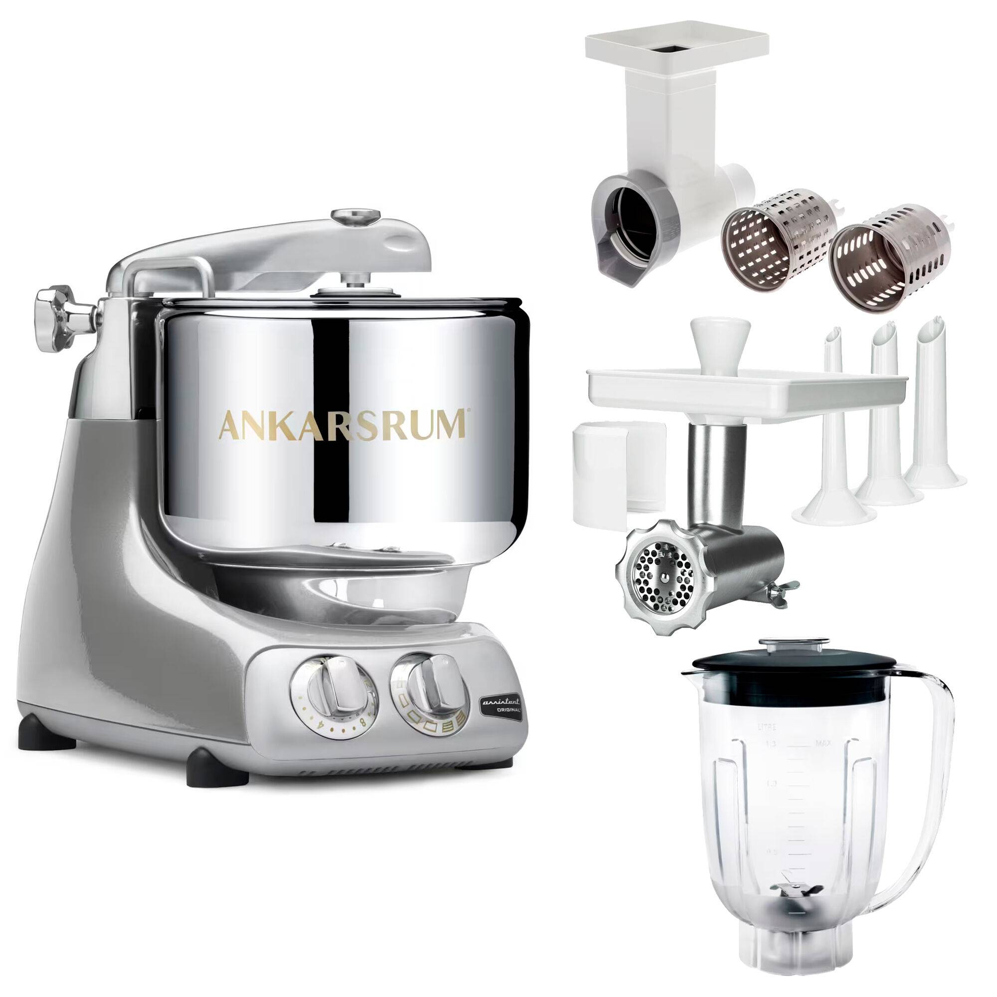 Ankarsrum Assistent Original AKM 6230 køkkenassistent med kødkværn, rive/skæretilbehør og blenderkande, jubilee silver