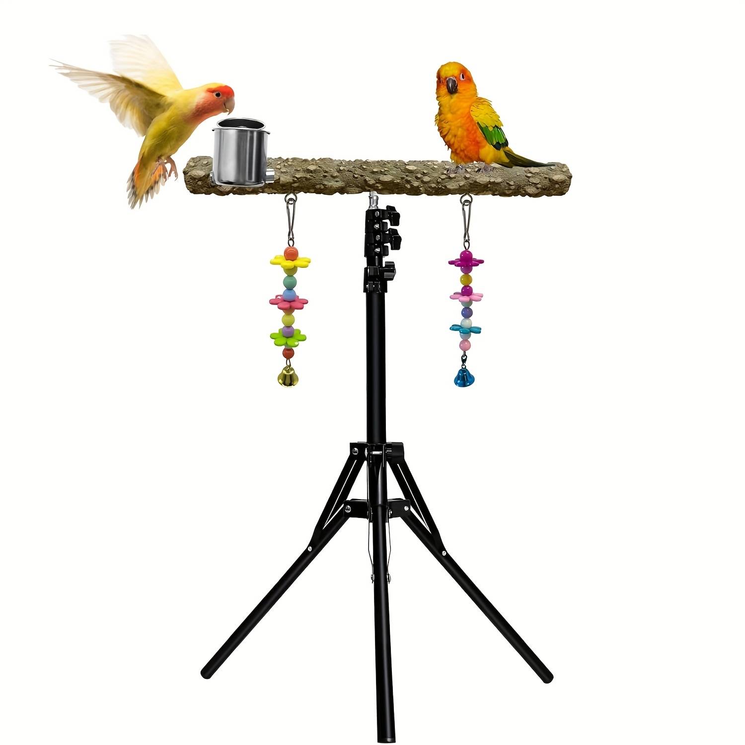 Parrot Perch Stand With Telescopic Tripod And Feeding/watering Cup, Suitable For Medium To Large Birds, Stand Pole Made Of Zanthoxylum Wood