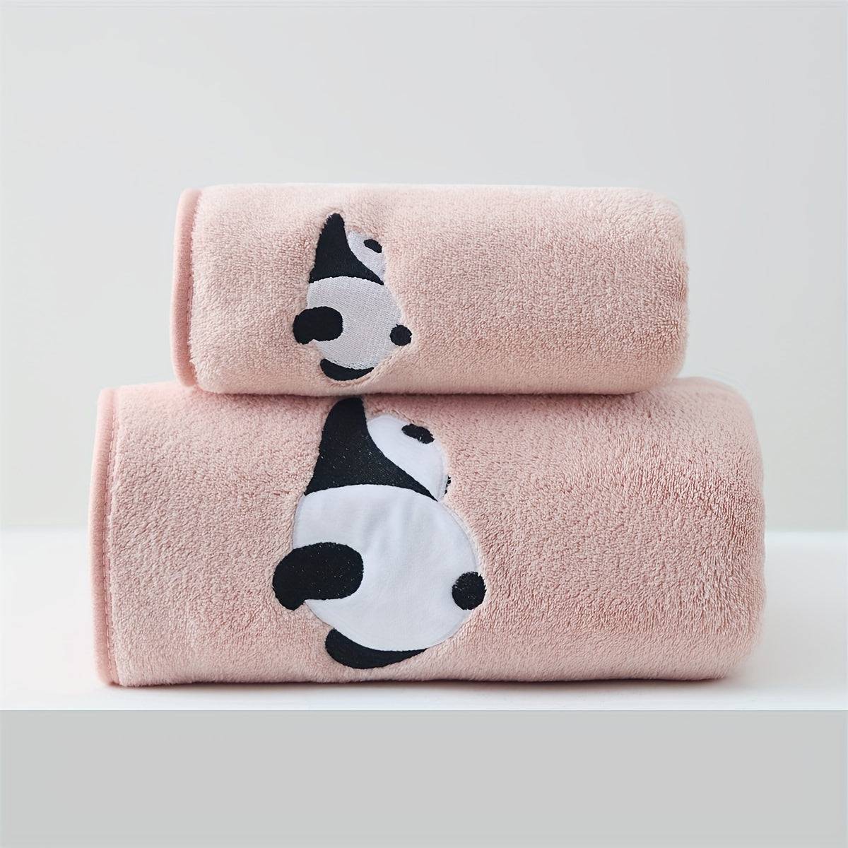 2-Pack Bath Towel + Towel, Coral Microfiber Panda Embroidery, - Pink.