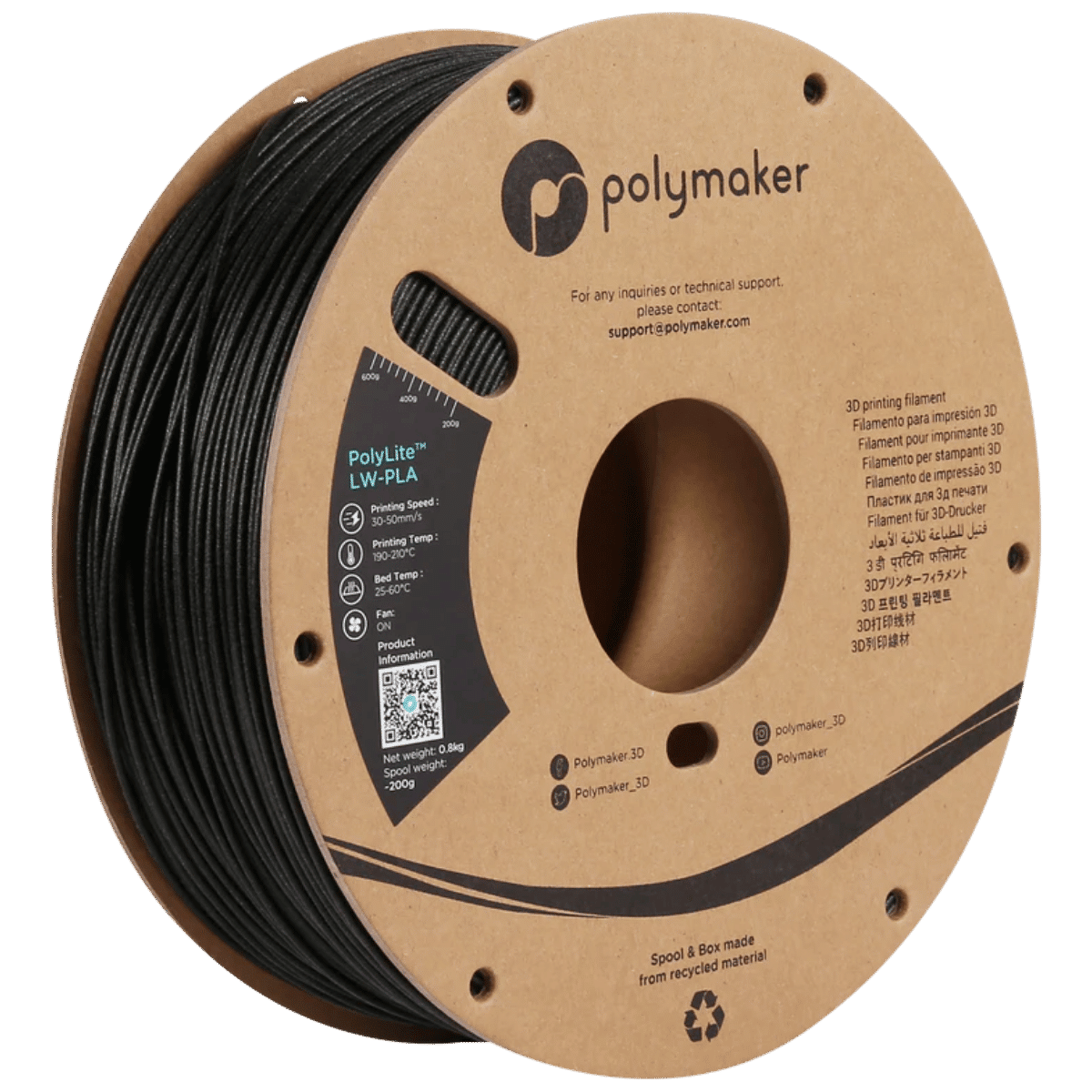 PolyMaker PolyLite LW-PLA 0,8 kg filament black.