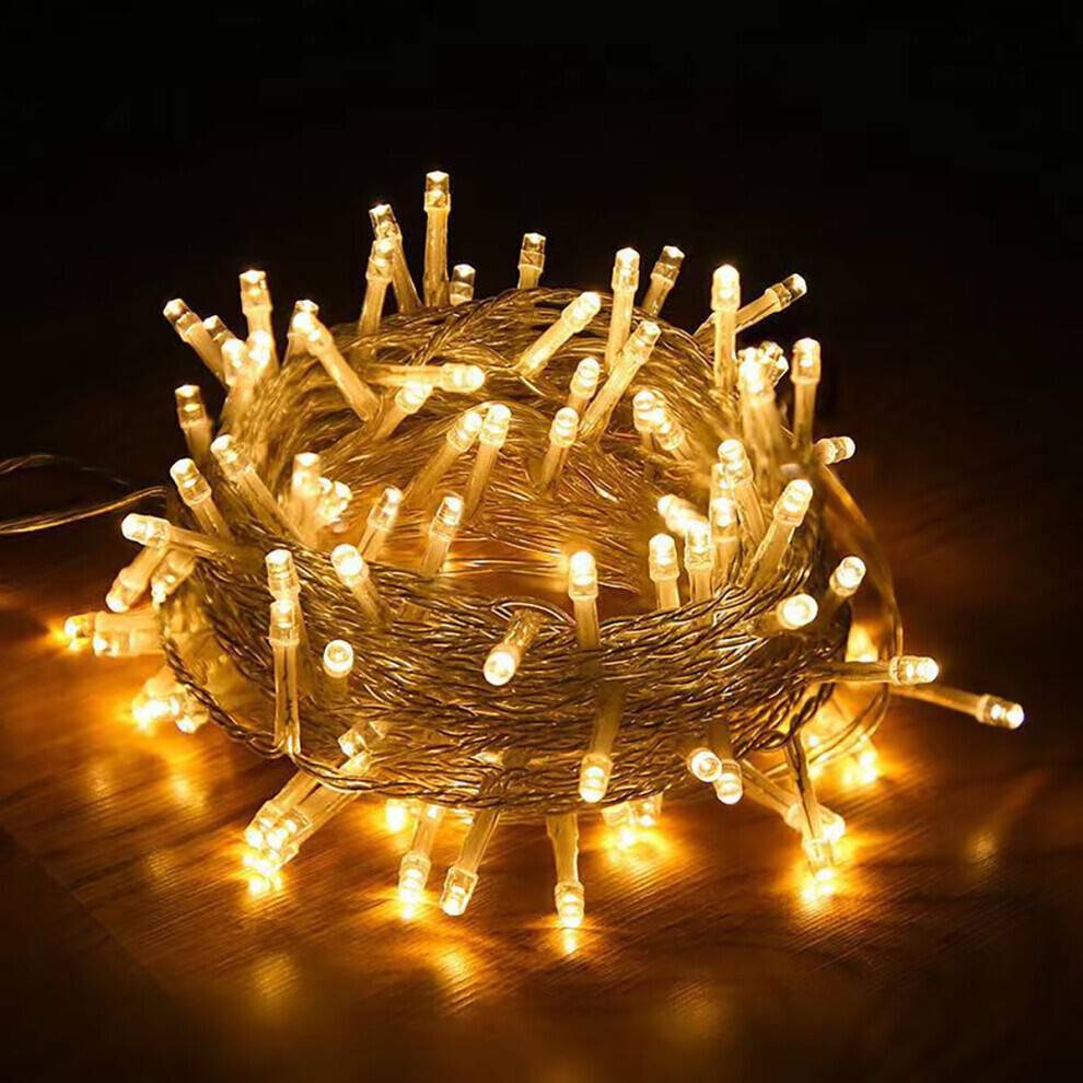 (Varmvit) Julslinga med ljusslinga för inomhusbruk, 10 meter, 100 LED, utdragbar, klar kabel, 8 lägen, anslutning för julgran