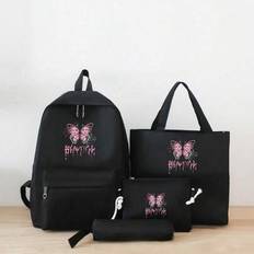 4 Pieces Pink Butterfly Print Practical Simple Backpack Set School Bag Set, Fashion Backpack For Back To School Season And Back To School Season, Larg - Black - Pink Butterfly