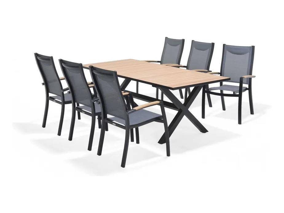 Lifestyle Garden Panama matgrupp Teak/svart 6 stapelstolar & bord 200x90 cm