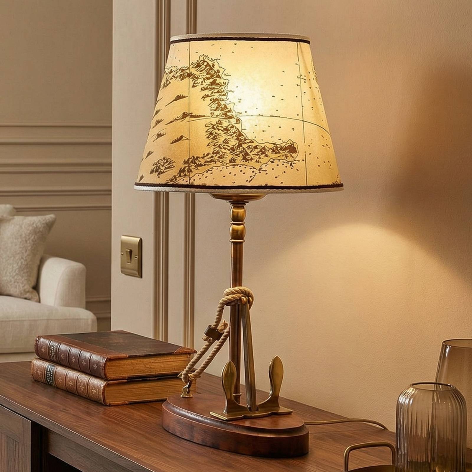 Cremasco Bordlampe NAUTICA, Creme/amber, Stue/spisestue, Messing, Maritim