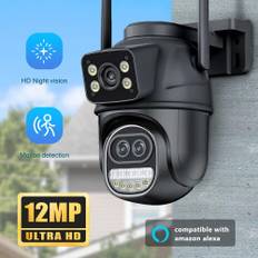 EU 12MP WiFi-kamera Icsee Utomhus 6MP Tre objektiv Dubbla skärmar 8X zoom CCTV Videokamera Autospårning Säkerhetsskydd Övervakning 3K 6MP Camera