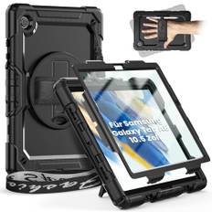 Timecity Hülle für Samsung Galaxy Tab A8 10.5 Zoll 2022 SM-X200/SM-X205/SM-X207, Stoßfeste Robust mit Displayschutzfolie Drehbar Stände, Handschlaufe, Schultergurt Schutzhülle für SM-X200,Schwarz