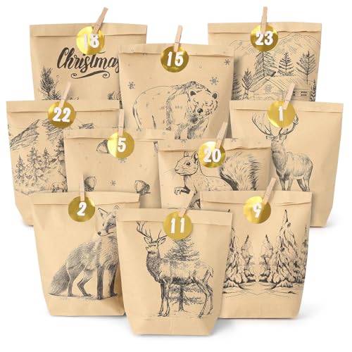 2026 Adventskalender för fyllning, 24 adventskalendrar, påsar för pyssel för barn och vuxna, julkalender, gör-det-själv-fyllning med nummerdekal och träklämma, motiv mysig vinter svart