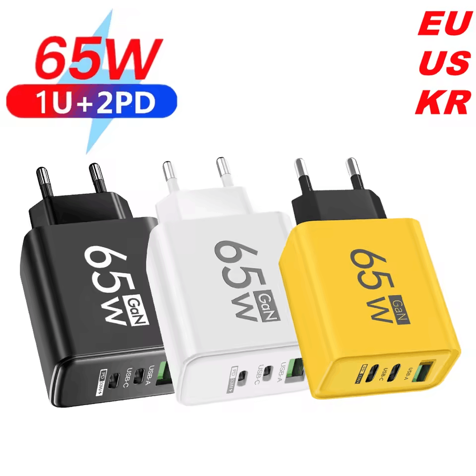 65W GaN USB Charger 3 Ports PD Type C Fast Charging EU/US/KR Plug Travel Wall Adapter Quick Charge USB C Charger Power Adapter