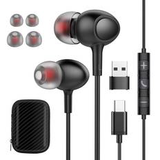 USB C Earphones Type C Earphones USB A Adapter Black Headphones Compatible with HiFi Sound Quality DAC Deep Bass Earphones with Microphone Wired svart