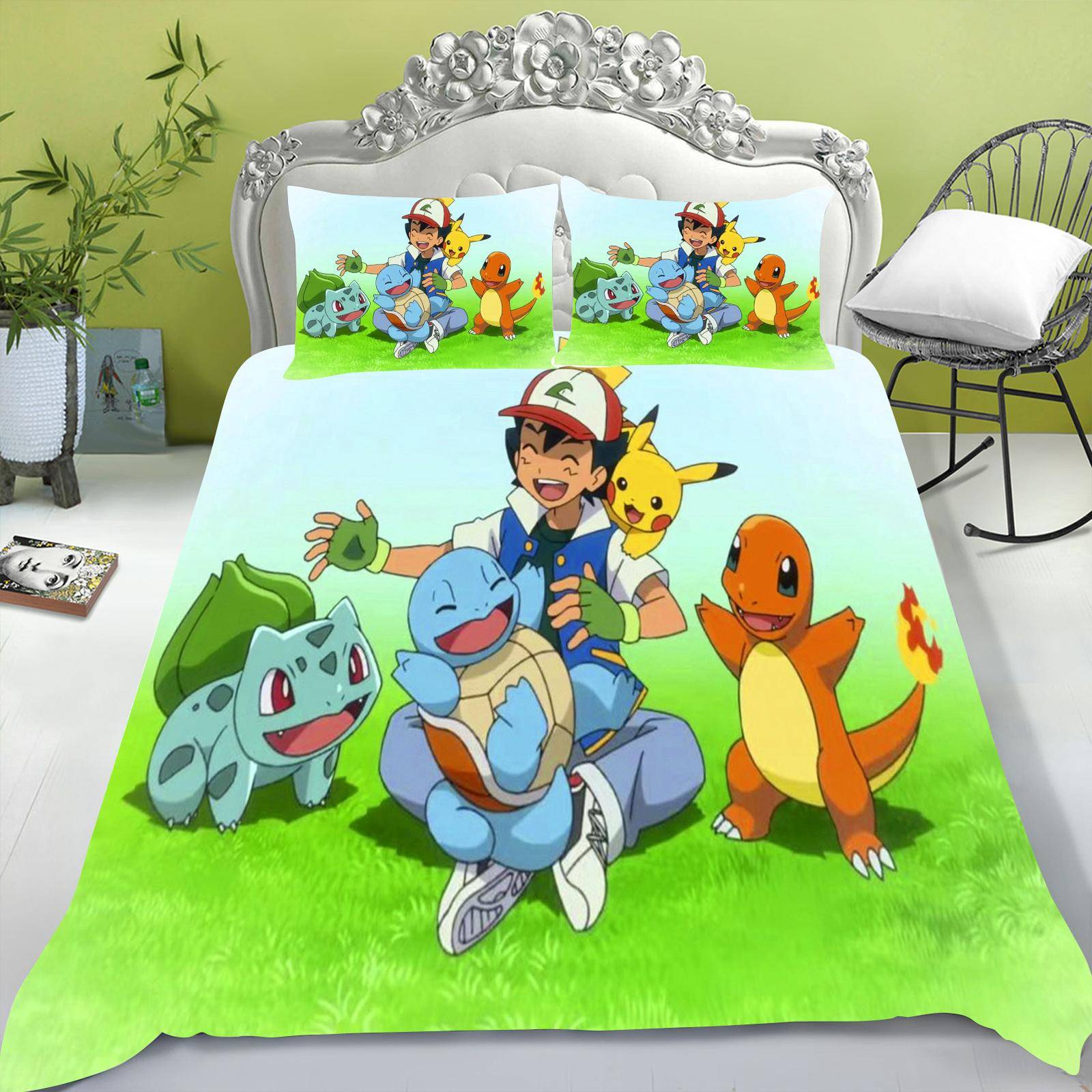 Tecknad påslakan set för barn, Pikachu Anime täcke, King Size täcke, Queen, Grad A, 3D sovrumslakan 180x210cm