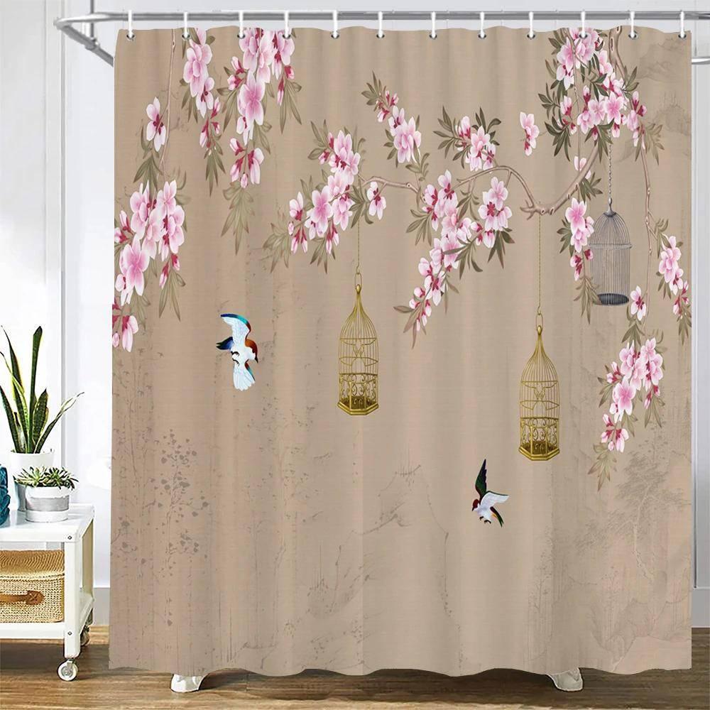 Duschdraperi i kinesisk stil med blomma och fågel Vattentätt 3D-tryckt tyg med krok Dekorativt badrumsduschdraperi