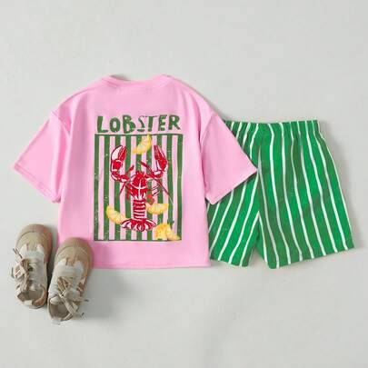 2-delat set för ung flicka i semesterstil, casual minimalistisk pullovertopp med räkmönster, mjuk rund hals och kort ärm, samt grönrandiga shorts med - Armé Grön (6Y,7Y,8Y,4Y,5Y)
