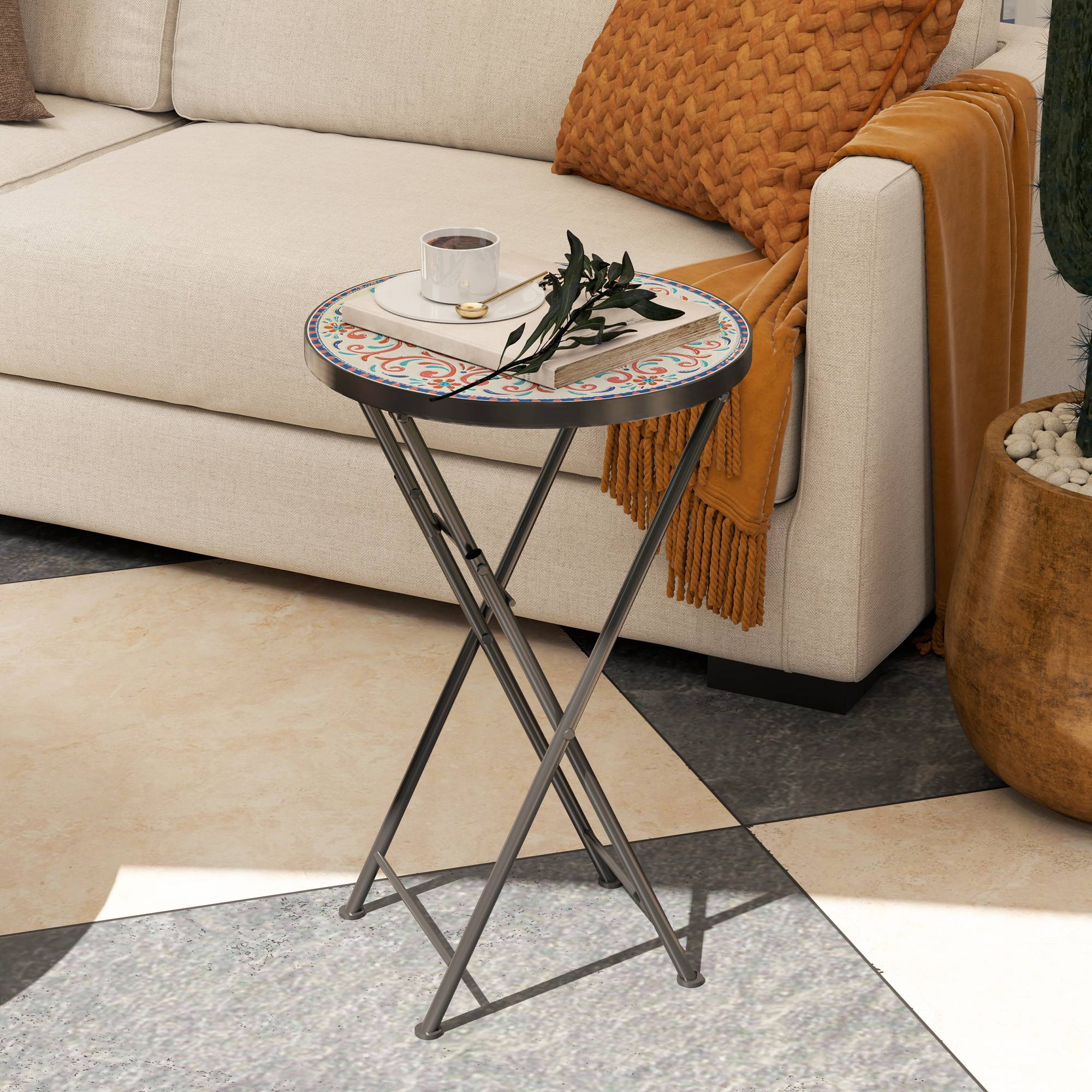 Foldbart sidebord med mosaikdesign, Ø35,5 x 55 cm, rundt, vejrbestandigt, metal balkonbord, campingbord, foldbart sofabord til stuen, kontoret, udendørs, indendørs, flerfarvet