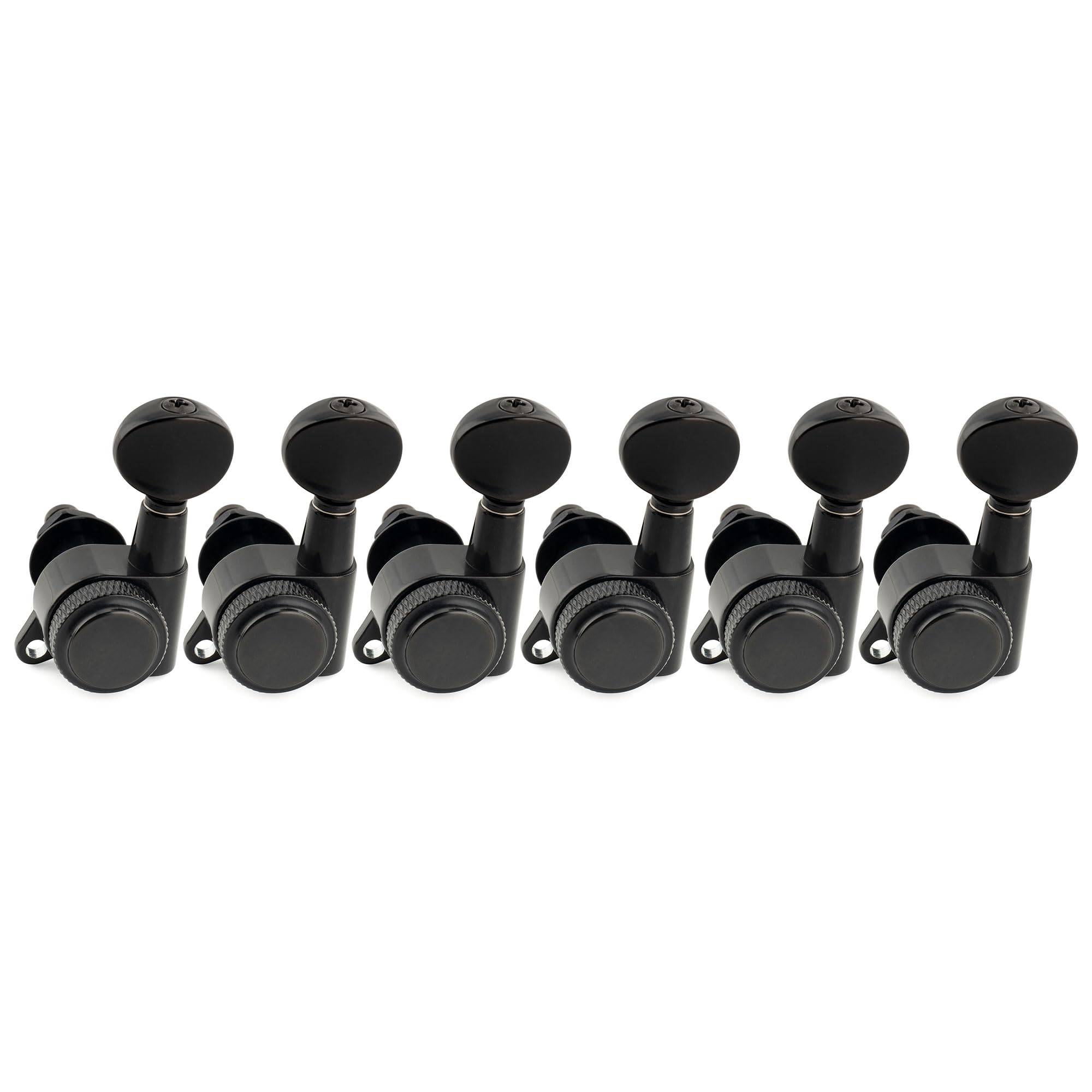 Musiclily Pro Locking Gear Vintage Oval for Stratocaster and Telecaster Electric Black Left-Handed 6-In-Line Tuners, 181 Ratio, Buttons, 45-Degree