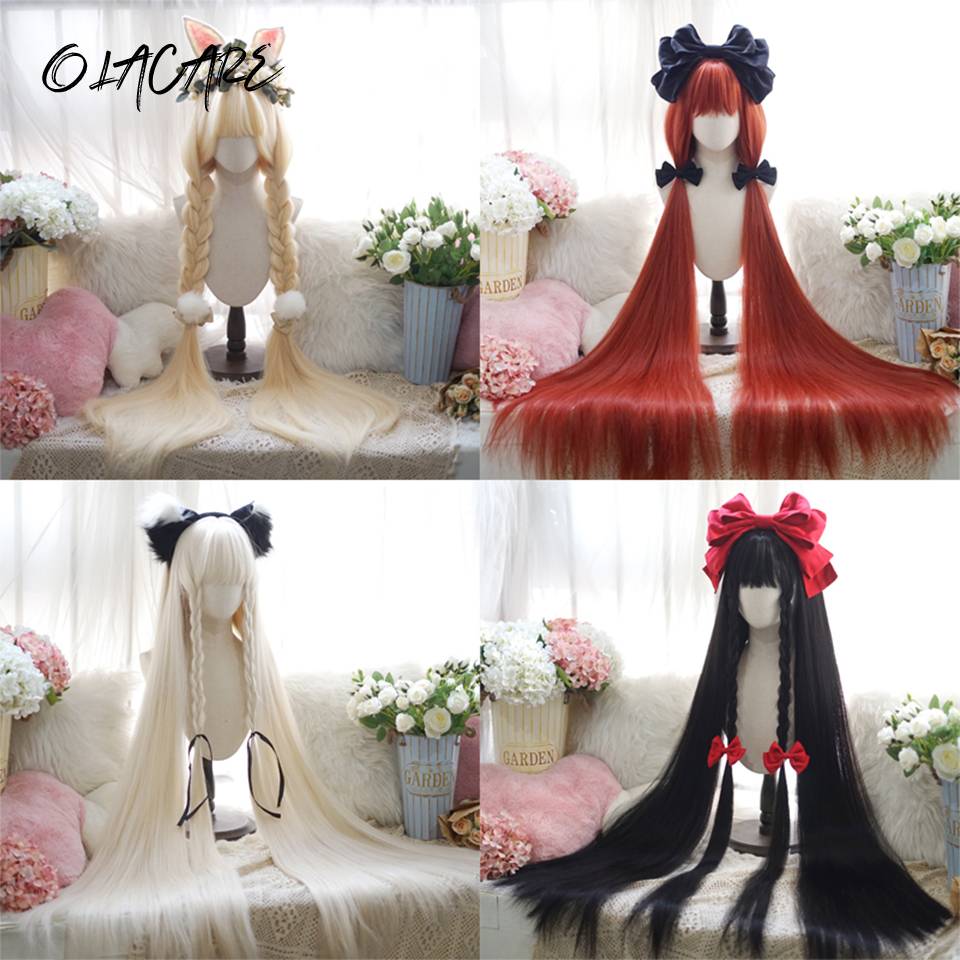 OLACARE Synthetic Super Long Curly Lolita Wig With Bangs 120cm Blonde White Pink Cute Fake Hair Women Halloween Cosplay Wigs