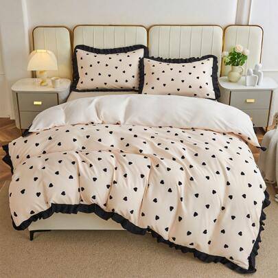 HONEYMOON 2/3-delat beige hjärtmönstrat spetsbäddset (2 delar = 1 påslakan + 1 örngott; 3 delar = 1 påslakan + 2 örngott) – 100 % polyester, INS-stil, - Multifärgad (Multi-size)