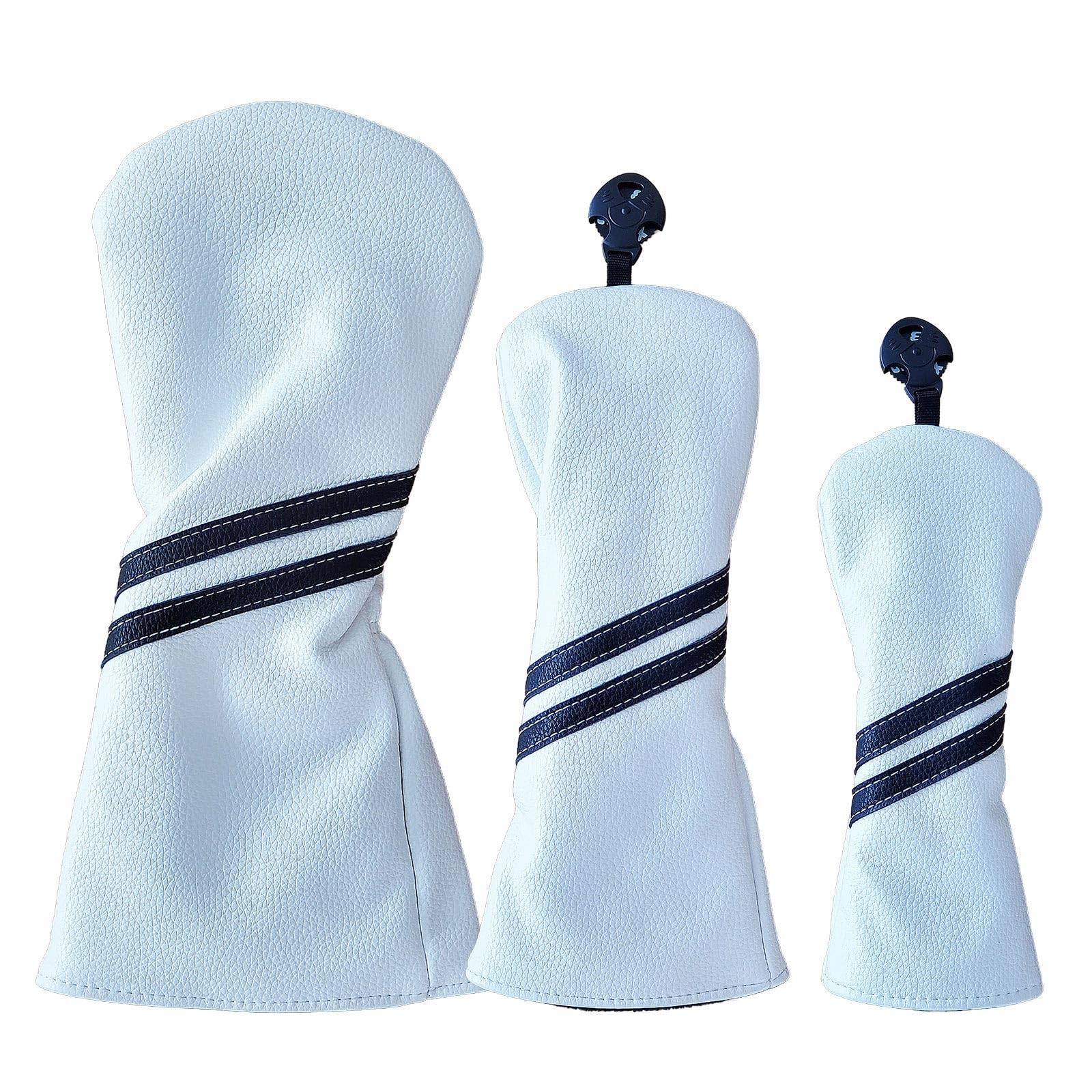 Golf Head Cover Driver Eighteen Golf 440cc 460cc Wood Utility UT Cover Waterproof Golf Supplies Double Stripe Black Navy White Set (White, 3-Piece