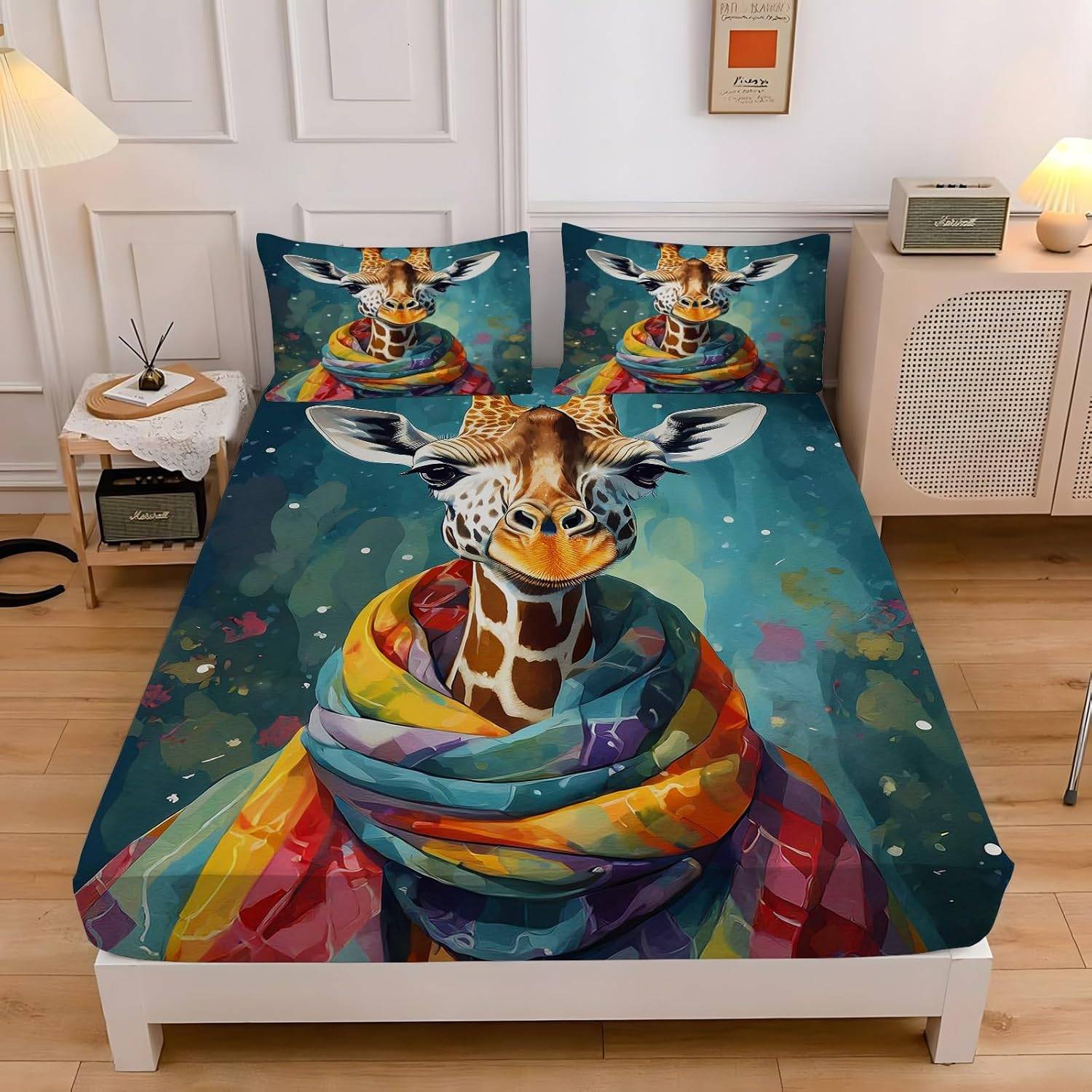 Giraffe Kids Fitted Sheet Single Size,Cute Giraffe Family Bed Cover with 1 Pillowcase 75*50,Cartoon Animal Theme Bedding Set 90x190cm