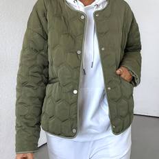 TEMU Women's Elegant Geometric Quilted Jacket With Pockets - Long Sleeve Round Neck Winter Coat, Machine Washable Solid For Fall & Winter, Ladies Winter Coats, Casual Outerwear