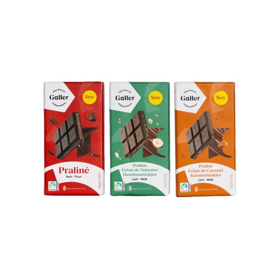 Set of chocolate tablets Galler Lait Praline Eclats de Caramel x Lait Praline Eclats de Noisettes x Noir Praline, 3 x 180 g