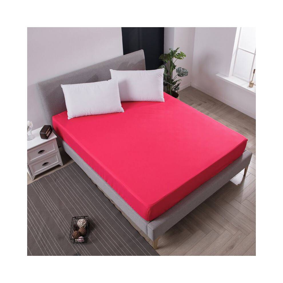 (Rose Red,107x190x25cm)Fitted Sheet Solid Color Mattress Protective Cover Dustproof Antiskid Bed Case