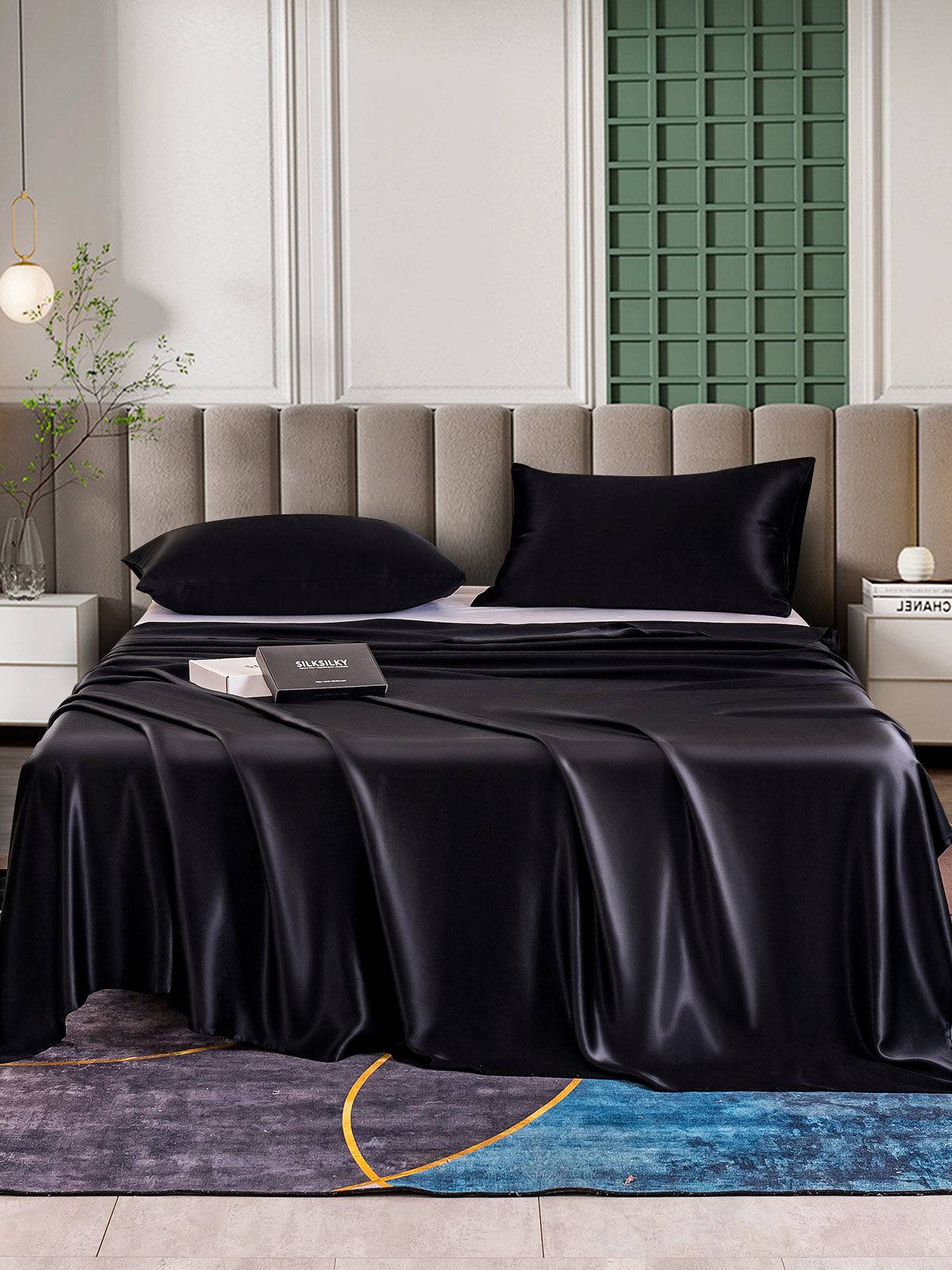 25Momme 3st Siden Sängkläder Set (Platt Lakan + 2x Örngott) - Svart / 1.6m Säng(260x275cm+2x50x60cm)