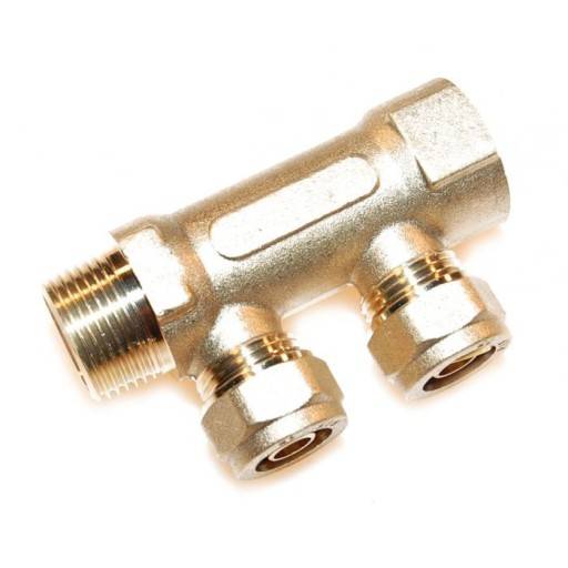 Fordelerrør 3/4", fast muffe, 2 afgreninger med 15 mm omløber
