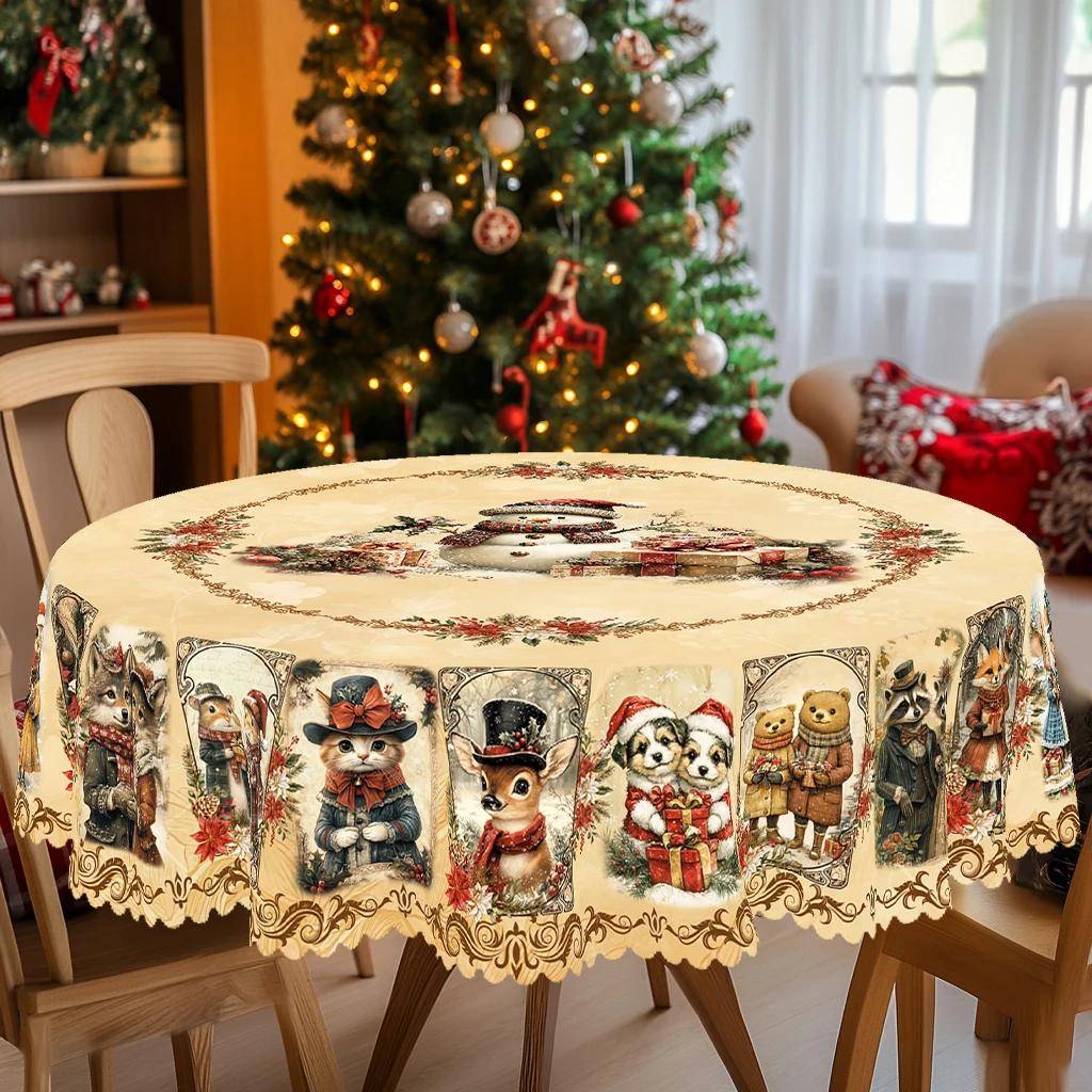 Merry Christmas Themed Printed Tablecloth, Vintage Country Farmhouse Style Snowman Christmas Flower Pattern Design