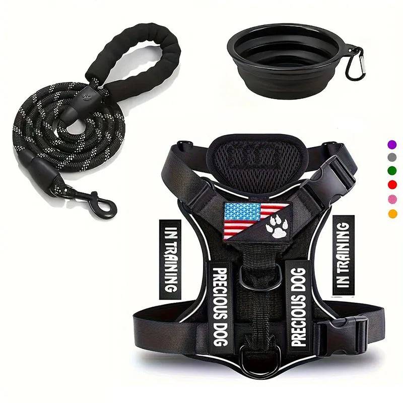 Reflective Dog Harness & Leash Set with Folding Bowl - Black / M