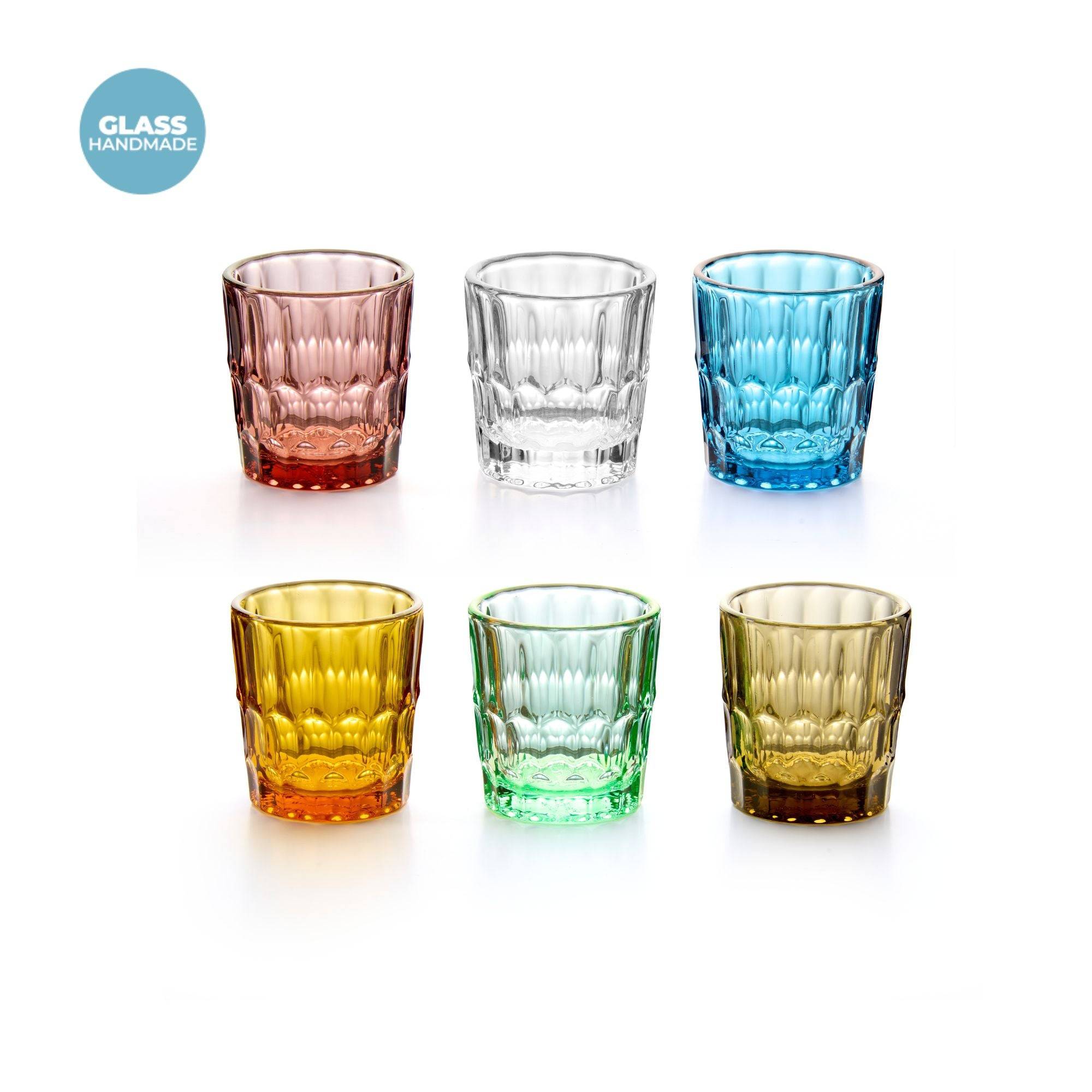 SET OF 6 GLASS SHOT GLASSES "VANITY GLASS" - Assorted colors