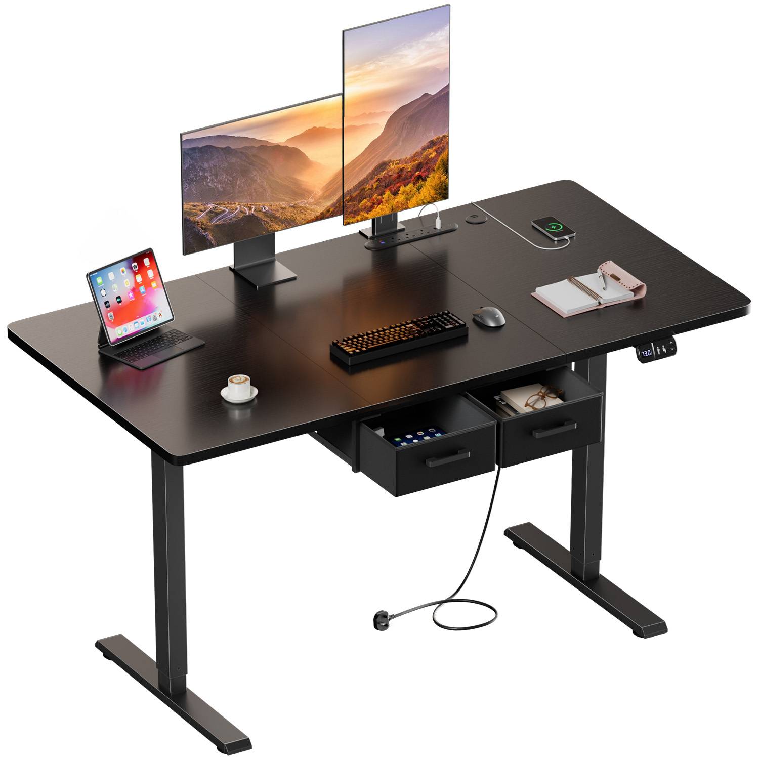 Electric Height-adjustable Standing Desk with Built-in Sockets and Fabric Drawers, Height-adjustable Computer Desk with Two Memory Settings, Sturdy Sit-stand Desk with Charging Station,Spacious