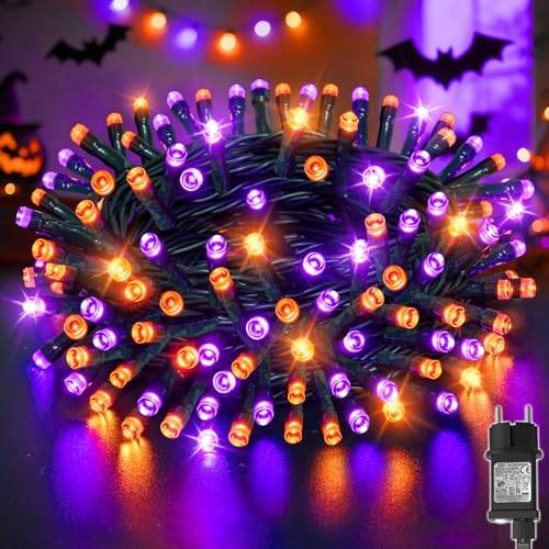 Dalugo Halloween-ljusslinga för utomhusbruk, 30 m, 300 LED, orange, lila, med minnesfunktion och timer, 8 belysningslägen, vattentät, för inomhus- och utomhusbruk, dekoration