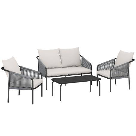 Loungegrupp 4-Delar med 2-sits Soffa, 2 stolar, bord - Grå Rotting
