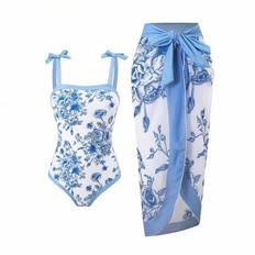 2st/set Tween Girl Söt porslinstryck baddräkt och chiffong lång täckkjol (tryck med fast mönster) - Blått och Vitt (8Y,9Y,10Y,11Y,12Y)