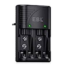 EBL Batteriladdare för AA AAA 9 V NIMH NICD-batterier, 4-laddningsfack smart plug batteriladdare, multiskydd, LED-skärm, snabbladdare för AA AAA 9 V