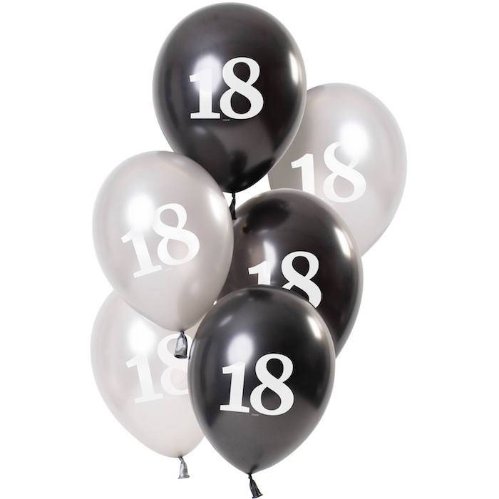 18 Års Balloner Metallic Sort Og Sølv 6x - 23 cm.