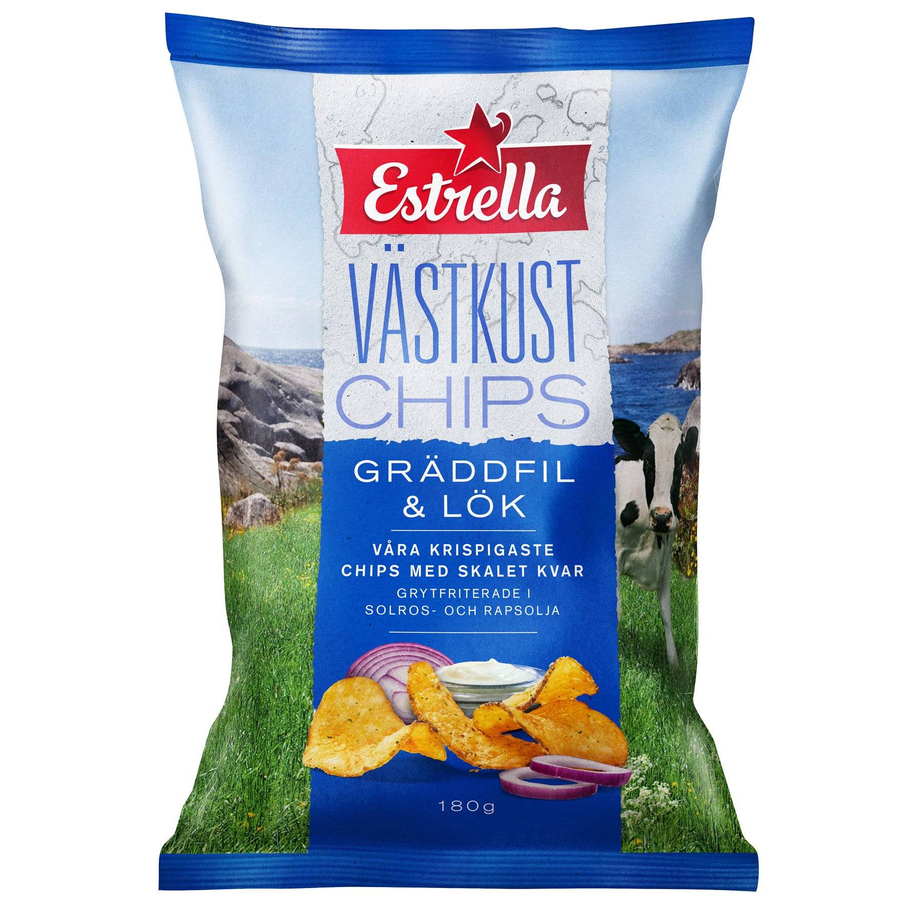 Västkustchips Estrella Gräddfil & Lök 18x180 g