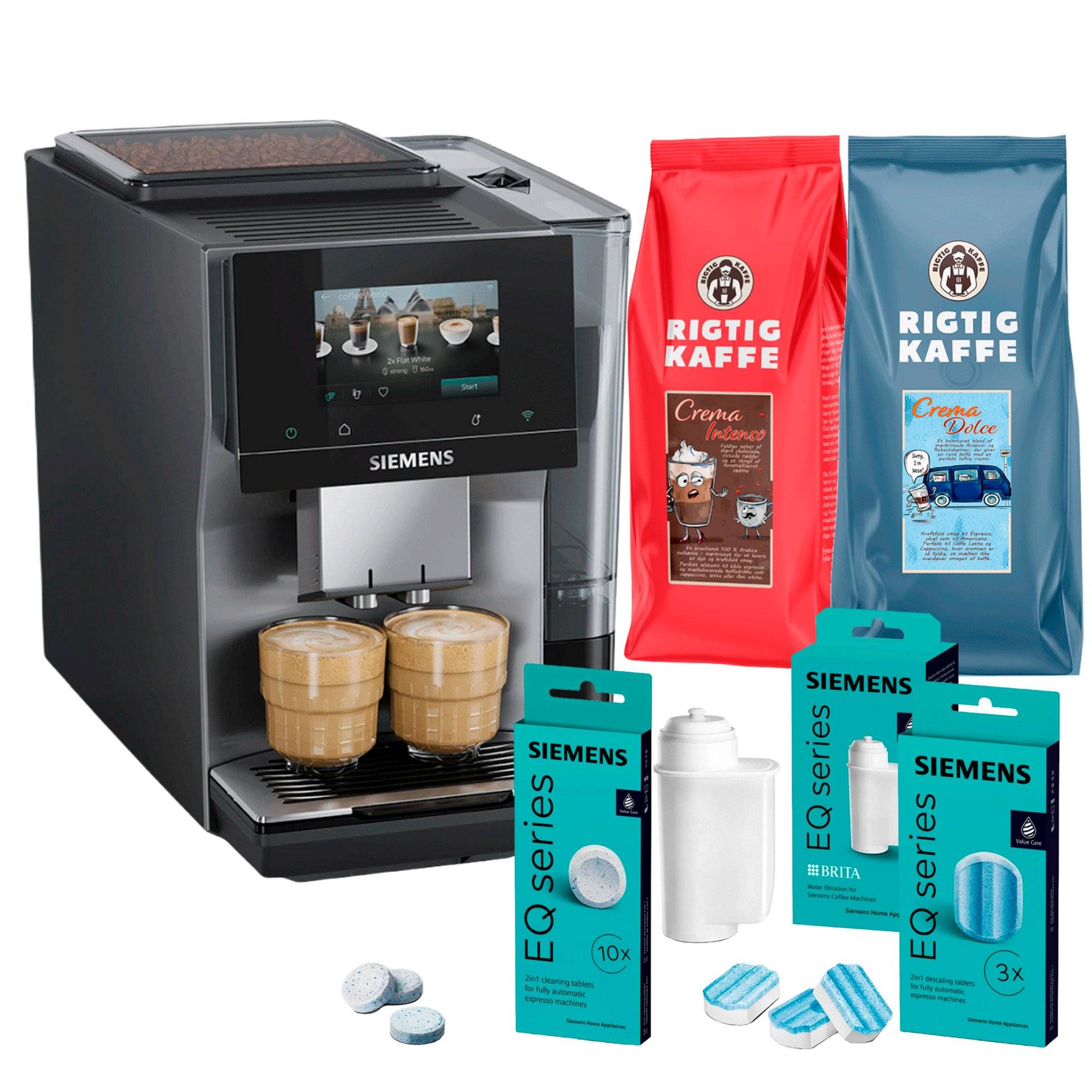 Siemens TP727E06 EQ700 Midnat Sølvmetallic Espressomaskine inkl. Plejepakke & 2x1kg Rigtig Kaffe Hele Kaffebønner