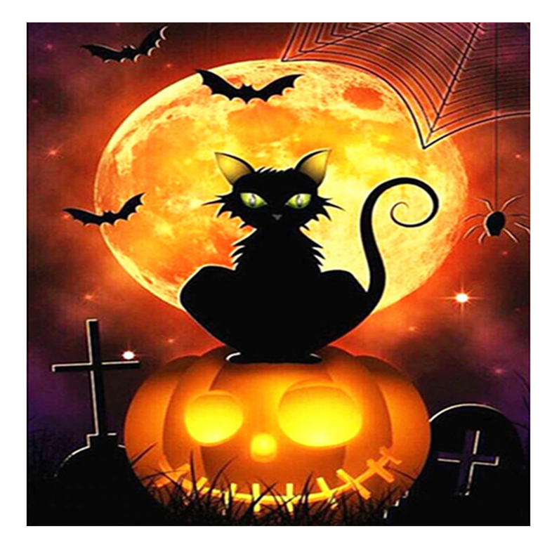 Sort kat på lysende græskar – Halloween sukkerprint 2×2–28×28 cm - 2,5x2,5 cm - 50 stk.
