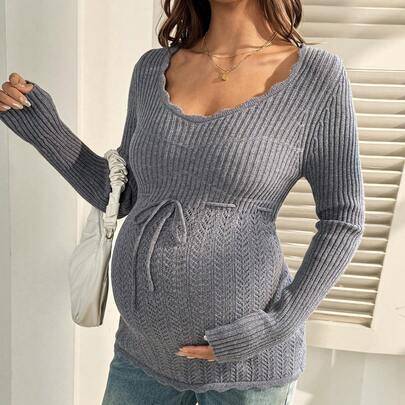 Enfärgad minimalistisk casual långärmad tröja för gravida - Grå (L,M,S,XL,XXL)